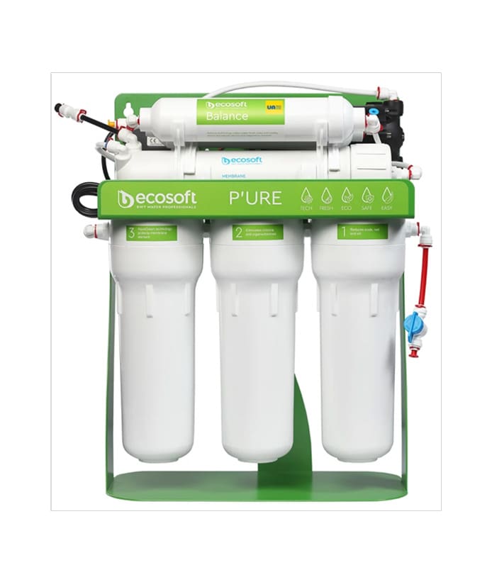 Ecosoft PURE Balance tartályos fordított ozmózisos víztisztító nyomásfokozó szivattyúval, speciális magas ásványi anyag tartalmú visszasózóval (elérhető 60-80mg/l ásványi anyag tartalom)